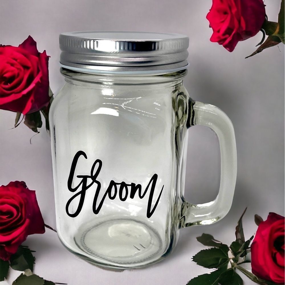 COPY - NWT Wool + Pepper Co. GROOM Glass Mason Jar Cup with Handle